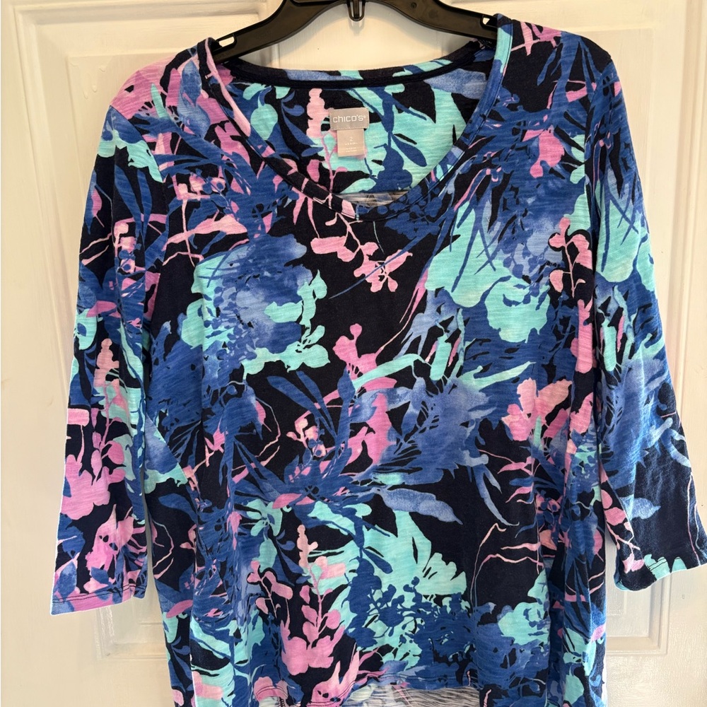 Chico's Women's Long Sleeve Floral Top - Blue and Pink